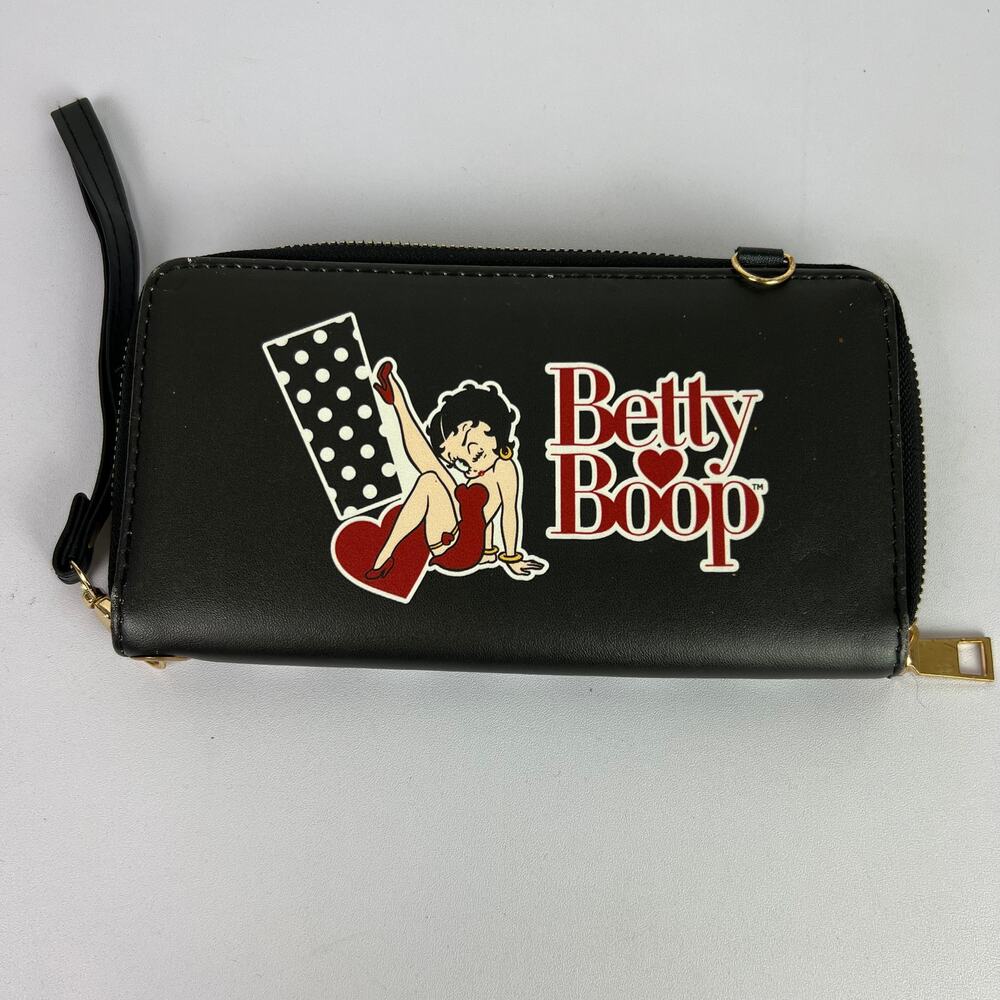 Betty Boop Wallet Faux Leather Black Zip Around Accordion Organizer Wristlet